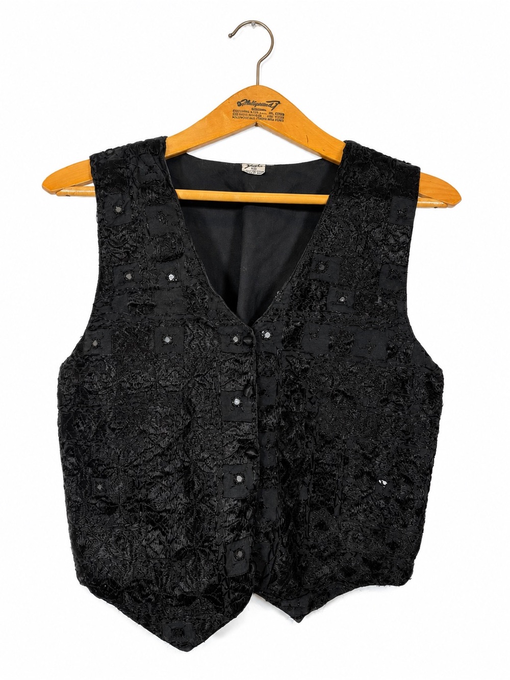 Vintage 90s Zashi Black Cotton Lace Brocade Vest Waistcoat Sz L Coquette Goth